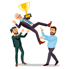 Winner Businessman Vector. Throwing Colleague Up. Business People Celebrating Victory. With Golden Trophy. First. Prize. Flat Cartoon Illustration