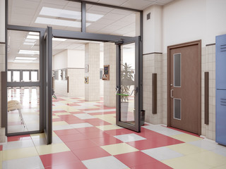 school hallway interior 3d illustration
