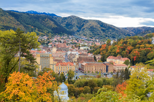 Cityscape of Brasov town in Transylvania region in fall season