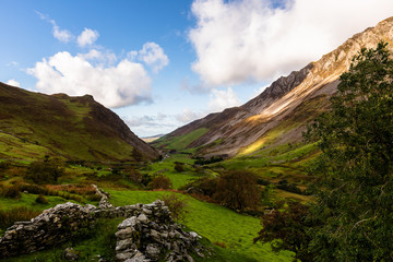Dry stone wall in rural, agricultural valley in Snowdonia National Park
