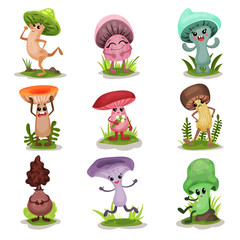 Obraz premium Funny mushrooms set, colorful mashroom characters with human face showing various emotions vector Illustrations on a white background