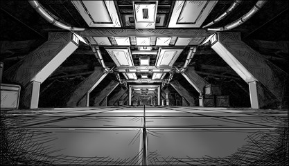 Comic cartoon concept art drawing of dark abstract sci fi futuristic space ship or station interior corridor or hallway design. © Zdenek Sasek