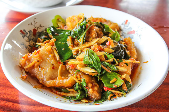 Stir fried spicy cat fish ,Thai food.