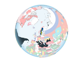 Sweden with flag on globe isolated
