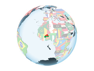 Burkina Faso with flag on globe isolated