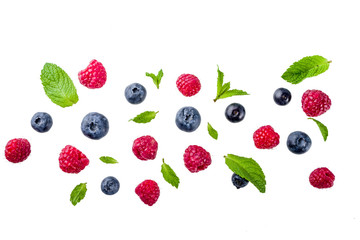 Creative layout, background, with fresh berries, simple pattern on white background. Raspberry,...