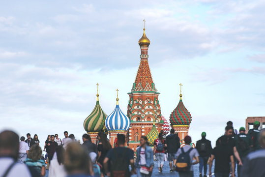 Moscow, Russia, Crowed of People Tourists at the Red square in Moscow in the Evening Time