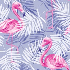 Seamless tropical pattern with flamingos. Watercolor illustration 4