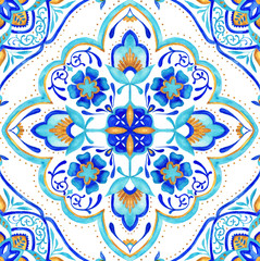Moroccan medallion seamless tile - aqua, turquoise and gold