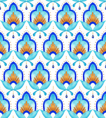 Moroccan floral seamless tile - aqua, turquoise and gold