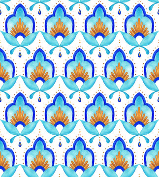 Moroccan floral seamless tile - aqua, turquoise and gold