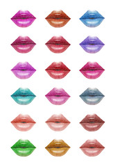Colorful lips collection. Mouth set. Vector lipstick or lip gloss palette.