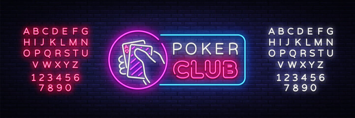 Poker neon sign design vector template. Casino Poker Night Logo, Bright Neon Signboard, Design Element for Casino, Gambling Neon, Bright Night Advertising. Vector Illustration. Editing text neon sign
