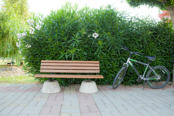 on a city street bicycle next to an empty bench