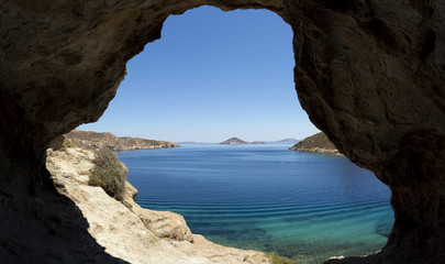 View of the Aegean sea from the Kalikatsou cave in Patmos