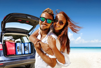 Summer trip on beach. Blue sky with sea. Free space for your text. 
