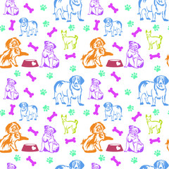Funny seamless pattern with dogs and bones and paws. Colorful illustration of dogs