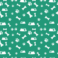 Seamless pattern with feed bowl and bones and dog paws