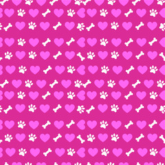 Seamless pattern with hearts, bones and dog paws