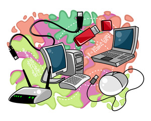 Computer equipment on colored background