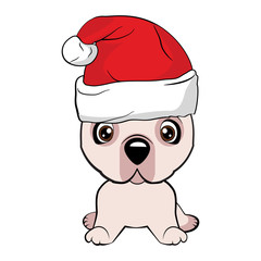 red-haired happy dog with a red scarf with white pom-poms and a pattern of snowflakes and a red pompon with a white pompon. Cute puppy in winter clothes. Dogo Argentino dog.