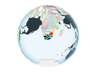 South Africa with flag on globe isolated