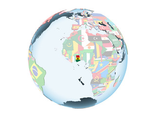 Ghana with flag on globe isolated