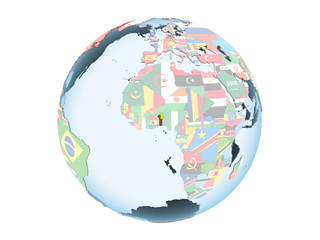 Obraz premium Benin with flag on globe isolated