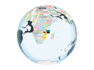 Mozambique with flag on globe isolated