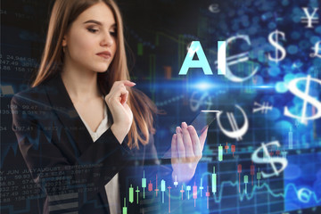 The concept of business, technology, the Internet and the network. A young entrepreneur working on a virtual screen of the future and sees the inscription: AI