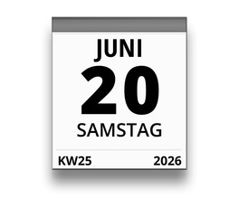 Kalender für Samstag, 20. JUNI 2026 (Woche 25)