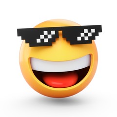 3D Rendering emoji with pixelated sunglasses isolated on white 