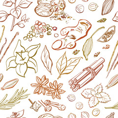 Vector seamless repetitive pattern of spices and herbs. Hand drawn elements in brown, orange, beige colors on white background . Wrapping paper, package, print, backdrop design. 