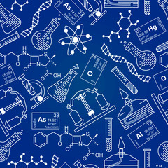 Chemistry laboratory seamless pattern. Vector background.