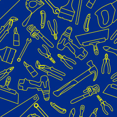 Seamless pattern construction tools vector equipment tool. Carpenter working table construction tools. Carpentry instrument spanner and woodwork industry concept construction tools hammer work.