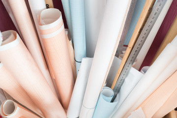 Rolls of colored. Tailor tape. Paper for the pattern.