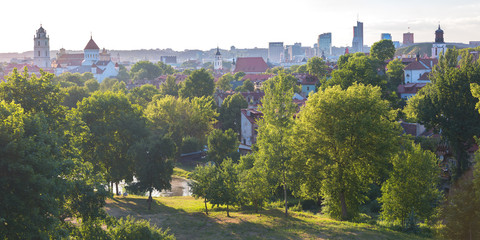 Fototapeta na wymiar Aerial panoramic view over Old town of Vilnius and skyscrapers of New Center, Lithuania, Baltic states.