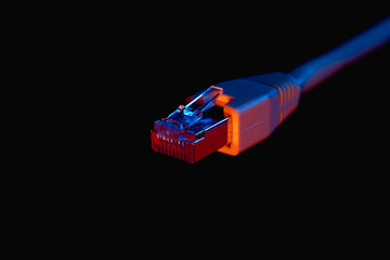 RJ 45 plug LAN ethernet network cable isolated on dark background. - obrazy, fototapety, plakaty