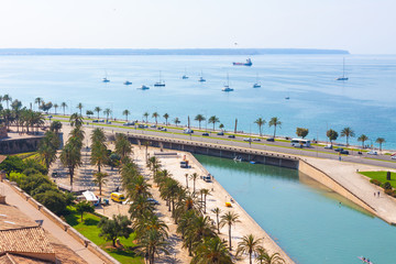 View of Parc de la Mar (Park of the Sea) with the sea in the background from the terrace of the Cathedral of Santa Maria of Palma, also known as La Seu. Palma, Mallorca, Spain © Jeanne Emmel