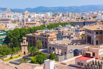 View over the rooftops  of Palma and Tramuntana mountains from  the terrace of the Cathedral of Santa Maria of Palma, also known as La Seu