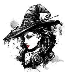 Charming witch in a big fancy hat