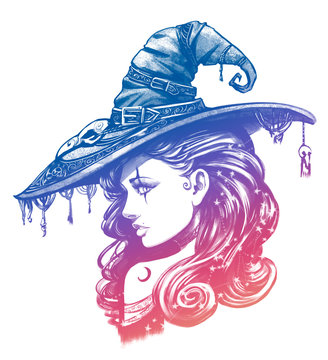 Charming witch in a big fancy hat