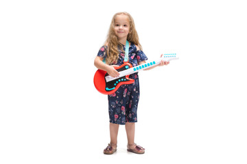 Smiling cute toddler girl three years singing over white background