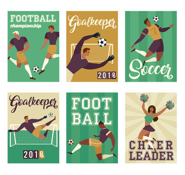 Football soccer player set posters of characters. Vector illustration.