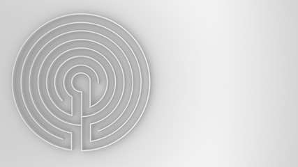 Round white labyrinth maze game with entry and exit, find the way concept, background idea with copy space