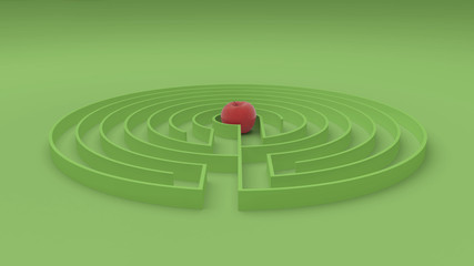 Fototapeta na wymiar Round green labyrinth maze game with entry and exit, find the path to the apple concept, love temptation background idea with copy space