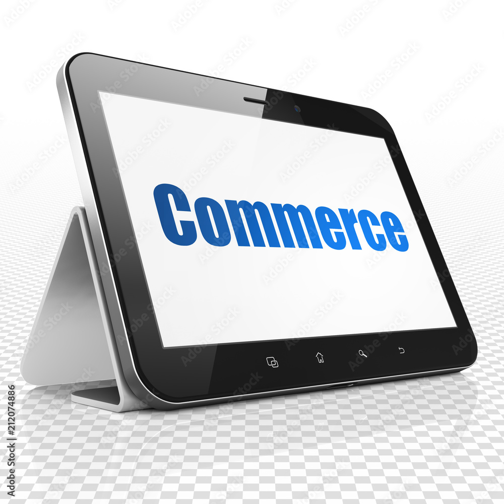 Aufkleber business concept: tablet computer with blue text commerce on display, 3d rendering