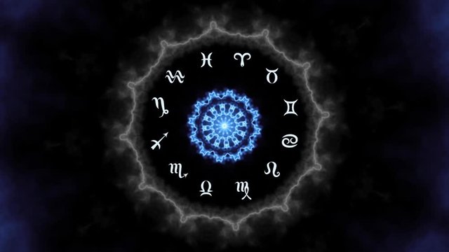 Transforming Magic circle with zodiacs sign on balck mystic mandala background..