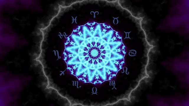 Transforming Magic circle with zodiacs sign on balck mystic mandala background..
