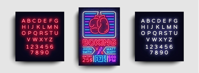 Boxing poster neon vector. Boxing night design template, bright neon brochure, modern trend design, light banner, typography invitation to the boxing match, postcard. Vector. Editing text neon sign